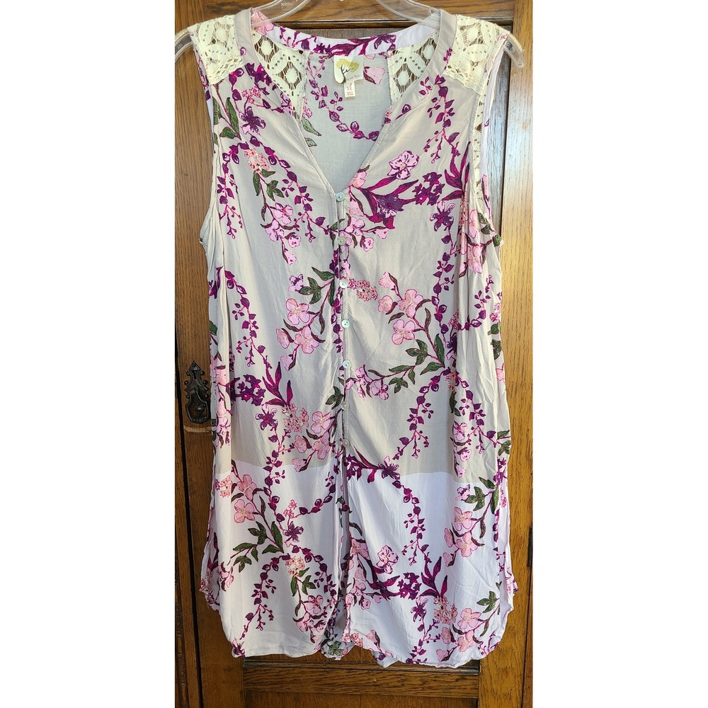 Fig and Flower Pink Floral Lace Tunic Top XL Sleeveless Button Front SAB2521